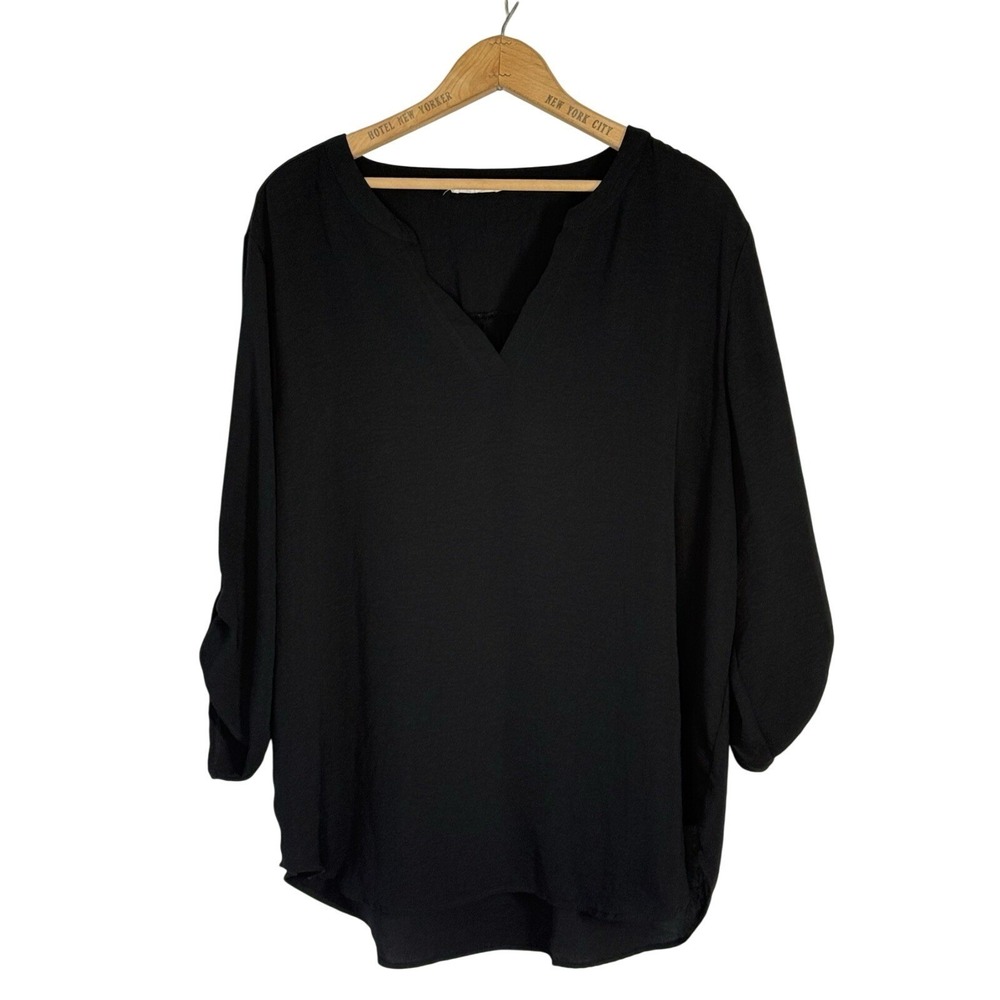 Maurices Black Long Roll Tab Sleeve V Neck Blouse Size XXL Flowy Work
